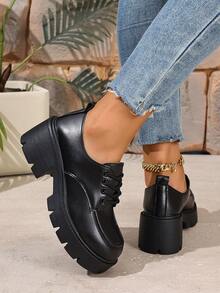 Foot Flair 女士经典黑色系带牛津鞋，复古英伦风高跟鞋，圆头厚底乐福鞋，学院风时尚百搭玛丽珍鞋（尺码偏小一码） - 霧面黑色 - 查看 6