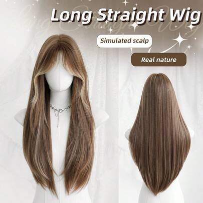 Tóc giả dài thẳng màu nâu ánh vàng cho nữ, dài 26 inch, làm từ tóc tổng hợp, có mái, trông tự nhiên, rất mềm mại, chịu nhiệt, phụ kiện tóc giả hoàn chỉnh, đẹp mắt dành cho các cô gái dự tiệc âm nhạc, đường phố, mùa tựu trường, cosplay anime hoặc sử dụng cho trang phục hóa trang.