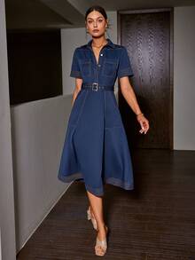 Sollinarry Women's Spring/Summer Denim-Like Collared Contrast Color Button Front Pocket Belted Casual Short Sleeve Dress, Vintage Style, Teacher Outfits For Women - Blue - View 4