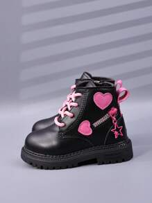 女婴时尚蝴蝶结靴，儿童中帮休闲平底短靴，带侧拉链，幼儿/小孩 - 黑色 - 查看 9