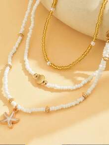 3pcs Women's Fashionable Necklace, Summer Seaside Vacation Shell Pendant Rice Beads Beaded Necklace Simple Girl Style Faux Pearl Inlaid Golden Beads Multiple Stacked Necklace Set, Glass Rice Beads Material, Summer Seaside Vacation Sends Girlfriend, Summer Rice Bead Necklace Halloween Costume