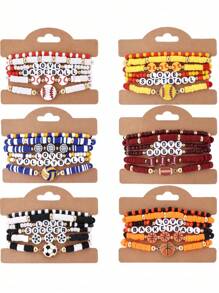 9pcs/Set Stackable Elastic Bracelets For Women, Sports Soft Ceramic & Beaded Soccer Fan Jewelry, Suitable For Daily And Sports Use (Bead And Soft Ceramic Colors Random - No Card Paper)