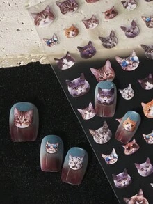Beautizon Nailartlab 1 件可爱猫咪指甲贴纸，卡通可爱猫头表情动物贴纸自粘美甲用品，趣味美甲设计贴纸，适合女士和女孩 DIY 美甲装饰 - 彩色 - 查看 8