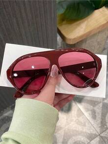 1pc Women's Wine Red Pilot PC Frame Solid Color Large Frame Streetwear Holiday Fashion Fashion Glasses - 酒紅色 - 查看 5