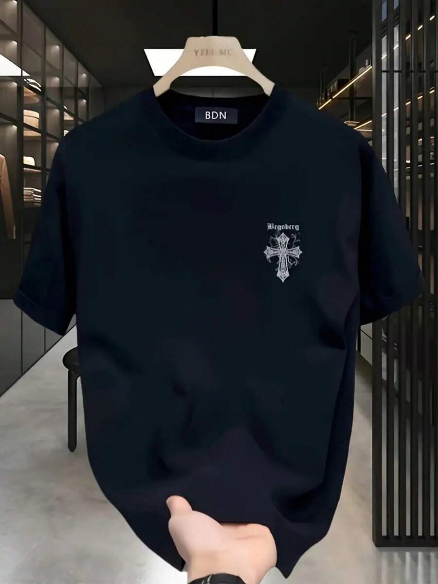 220g double-sided pure cotton T-shirt, soft, easy to breathe in summer, popular and explosive T-shirt recently, moisture wicking, printed with cross pattern, suitable for sports, outdoor travel and weekends, the best gift choice - Negro - Ver 1