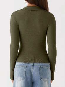 Women's Autumn Knit Tops Long Sleeve Lapel V Neck Button Up Slim Cable Ribble Solid Color Knitwear Going Out Streetwear - Army Green - View 7