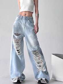 Y2K Girls Loose Distressed Straight Leg Washed Denim Jeans - Blue - View 4