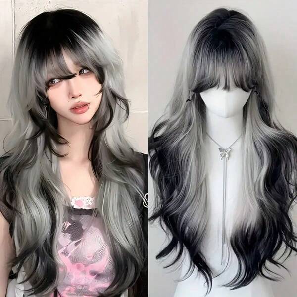 28inch Long Curly Hair Wig Women's Full Head Set Imitates Real People's Daily Wig, Summer Thin Style Bangs, Explosive Top Dyeing, Black And White Gradient Simulation Wig Set