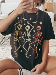 2025 Halloween Retro Dancing Skeleton Print Crew Neck T-Shirt, Spooky Season, Leopard Plaid, Daily Outdoor Wear, Fall Clothes For Women, Y2k, Streetwear, Halloween Clothes