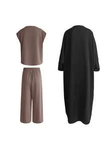 Set 3 buc: halat elegant pentru femei cu mâneci tip liliac + top fără mâneci + pantaloni 3/4 lejeri, material textil lejer, stil musulman Dubai, potrivit pentru întâlniri de toamnă/iarnă, ceai de după-amiază, petreceri