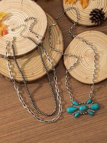 Mehrschichtiges bohemisches Türkis-Perlen-Ketten-Halskette, vintage Mode personalisiertes Accessoire, geeignet zum Kombinieren mit Kleidung, für den täglichen Gebrauch und Feiertage - Türkis - Übersicht 3