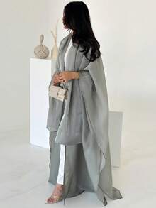 New Middle Eastern Dubai Turkey Lily Sequin Robe With Headscarf - Light Grey - View 4