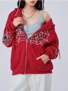 Y2K Spider Web Print Zip Up Hoodie, Long Sleeve Hoodies Sweatshirt, Women's Clothing  Halloween    Spring/Fall  Fall/Winter    Loose    Zipper  Drawstring - Đỏ - Xem 3