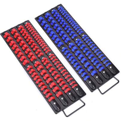Bandeja organizadora portátil de 80 piezas, juego de 2 piezas, azul y rojo, 1/4 pulg., 3/8 pulg., 1/2 pulg., organizador de enchufes resistente, rieles negros, clips azules y rojos