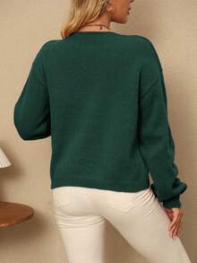 [Tops] Cárdigan de manga larga con nudo delantero de unicolor, minimalista, para usar en la oficina, vintage, simple, estilo francés, cárdigan de punto de unicolor con nudo delantero para mujer, se puede usar sobre blusas, cárdigan oversize y lindo - Verde Oscuro - Ver 3