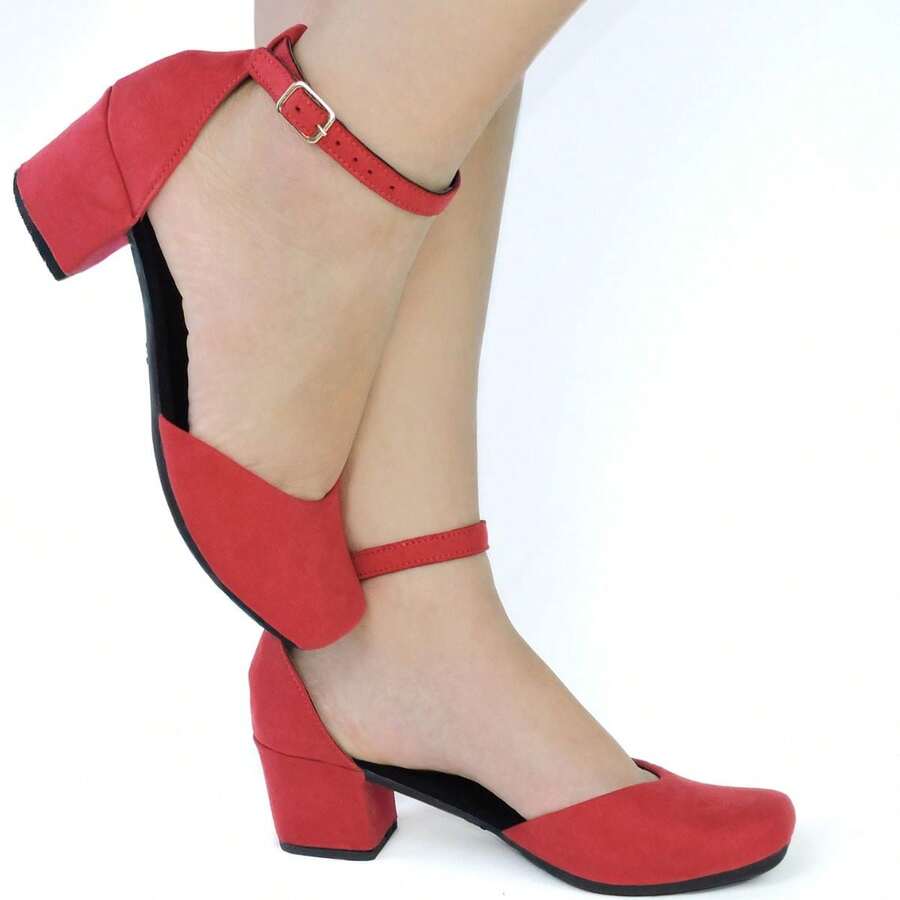Women Shoes Thick Block Heel Low Adjustable Buckle Modern Elegant Fashion Beauty Comfortable - 紅色 - 查看 1