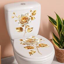 Golden Flower Toilet Stickers, Gold Floral Art Toilet Lid Decals Removable Self-Adhesive Vinyl Peel And Stick Wall Stickers For Bathroom Restroom WC Bathtubs Door Furniture Home Decoration Room Decor Bedroom Decor Kitchen Decor Wall Decor