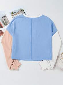 Acelitt Camiseta casual holgada de cuello redondo con textura y contraste de colores para mujer talla grande, adecuada para primavera y otoño - Multicolor - Ver 5