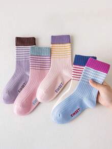 5 Pairs Girls' Colorful Striped Crew Socks (Ages 3-12) - Soft, Comfortable And Versatile Mid-Calf Socks For Girls, Suitable For Sports, Travel And Daily Wear