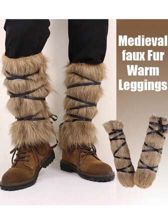 2 件中世纪复古毛绒护膝维京骑士毛皮脚套，文艺复兴复活节服装角色扮演