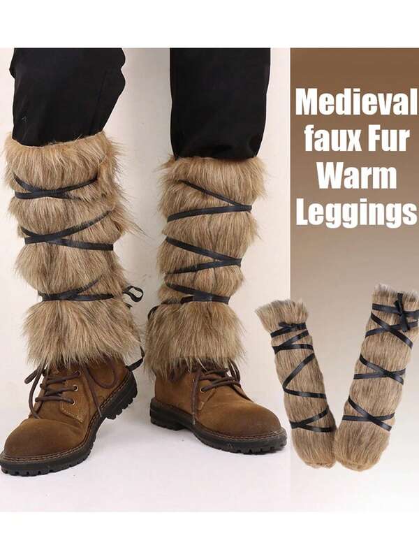 2 Stücke mittelalterliche vintage Plüsch Kniepolster, Wikinger Ritter Fellstulpen, Renaissance Ostern Kostüm Cosplay