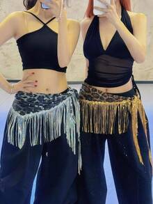 1pc Sequin Tassel Belly Dance Waist Chain, New Sexy Leopard Print Waist Accessory, Shiny Tassel Waist Chain, Bohemian Hip Scarf, Street Dance, Jazz Dance, Intimate Waist Wrap, Sexy Mini Skirt, Stage Performance Outfit, Nightclub, Disco, Festival, Party, Evening Dress Accessory - Multicolor - View 7