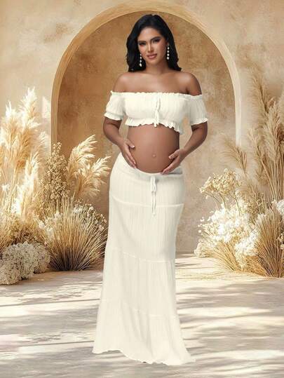 JustVH 2pcs/Set Maternity Off-Shoulder Ruffle Hem Crop Top And Flowing Maxi Skirt Set, Suitable For Photography And Beach Wear