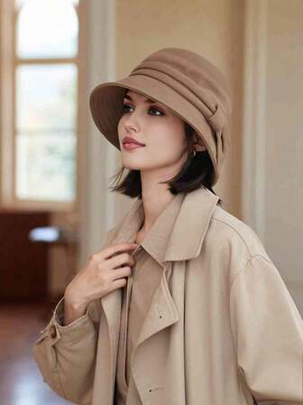 1 pieza Sombrero de cubo con lazo para mujer en otoño, sombrero de cubo de ala larga para invierno, sombrero de campana sólido y elegante retro, adecuado para usar a diario en otoño/invierno