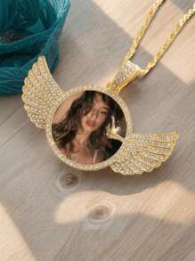 1pc Custom Photo Necklace, Custom Double-Sided Picture Necklace, Hip Hop Style Chain Strap Picture Pendant, Personalized Souvenir Gift, Gift For Men And Women - Golden Round Wings - View 5