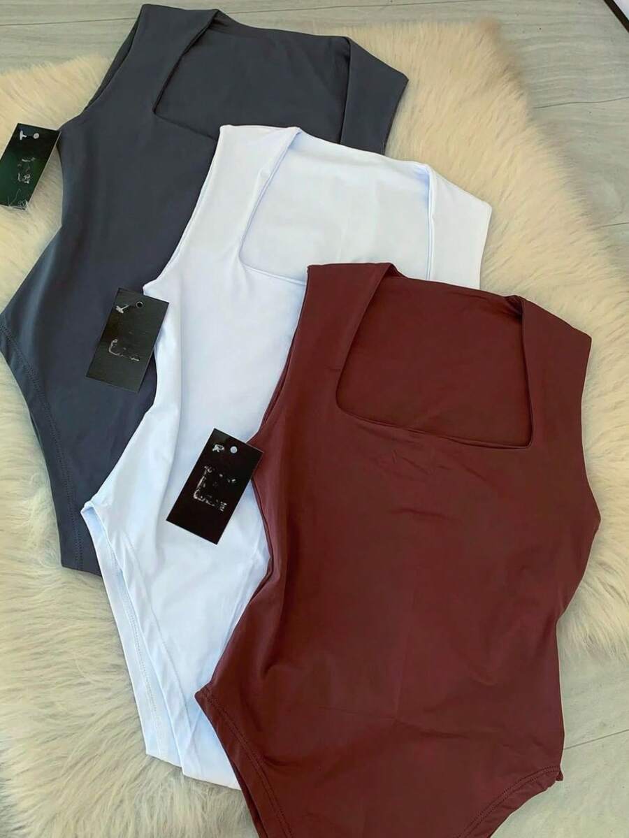 Kit 3 Basic Bodysuit Square Neckline Wide Straps Versatile Shaper Casual Suplex Brown Gray Black Fashion Blogger Gringa - 白灰咖啡色 - 查看 1