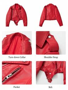 Women's Solid Color Minimalist Zip-Up Short Jacket, Everyday Wear - Red - View 5