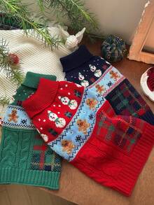 Christmas Snowman & Gingerbread Man Pattern Pet Sweater, Warm Knitwear For Small Dogs & Cats, Autumn/Winter