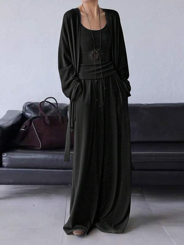 1 Set Solid Color Elegant Casual Camisole + Long Sleeve Jacket + Pocket Pants, Office Wear