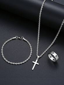 1-3 Pieces New Fashion Stainless Steel Men's Cross Pendant Necklace, Bracelet, Braided Chain Suitable For Daily Wear And As A Gift
