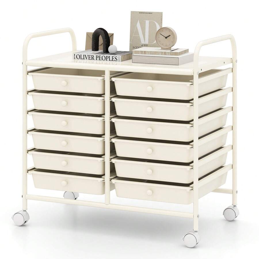 GOFLAME 12 Drawers Rolling Trolley, Metal Frame Utility Storage Organizer Cart With Lockable Wheels, Multipurpose Shelving Organizer Unit For Home Office - White - View 1