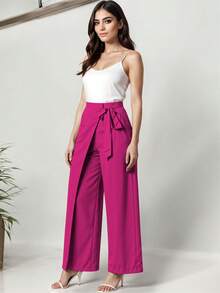 Pantalón Cintura Alta con Lazo Decorativo Estilo Fluido Corte Amplio Pierna Ancha Diseño Cruzado Femenino Casual y Elegante Moda Mujer - Rosa Fucsia - Ver 1