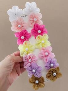 10pcs/Set Girls Colorful Pearl Solid Color Mesh Double Layer 3D Flower Hair Clips, Random Colors, Gentle On Hair, 5-Petal Minimalist Princess Style Hair Accessories, Suitable For Daily Use - Multicolor - View 2