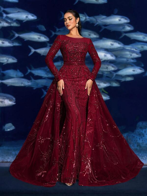 Faeriesty Haute Glamour Luxurious Sequined Mermaid Gown With Intricate Beading & Long Sleeves - Regal Underwater Fantasy Dress For Garden Banquets, Red Carpet Events, Underwater Photoshoots & Marine-Themed Weddings Christmas Matching Outfits