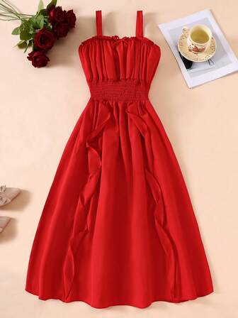 适合13-16岁少女的优雅红色A字形长吊带连衣裙