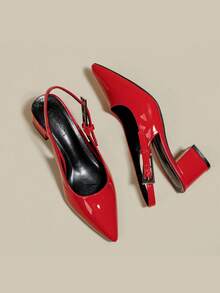 Women's Red Patent Leather Pointed Toe Single Strap Chunky Heel Pumps, Elegant Pointed Toe Formal High Heels, Fashionable Slingback High Heels - Red - View 5