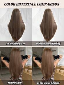女士长直棕色挑染金色假发 26 英寸合成直发假发带刘海，自然外观，非常柔软合成耐热纤维假发配件，全机漂亮假发，适合女孩音乐节派对街头装、返校季、角色扮演动漫或服装使用