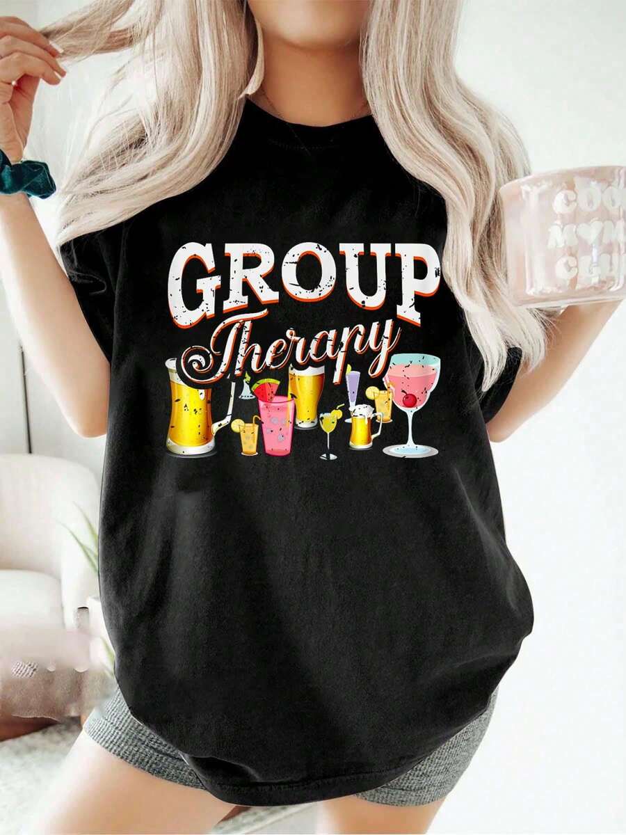 Camiseta de terapia de grupo 100% algodón, regalo para amantes del alcohol, camiseta pop para mujeres - Negro - Ver 1