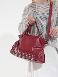 Fashionable New Women's Large Capacity Tote Bag, Minimalist Streetwear Style With Rivet Decor, Multiple Pockets, Zipper Closure, Tassel Pendant, Metal Zipper, Versatile For Travel, Shopping, Commuting