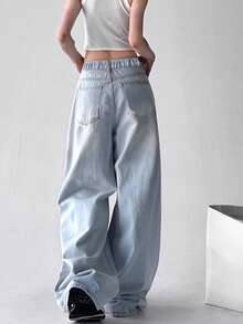 Y2K Girls Loose Distressed Straight Leg Washed Denim Jeans - Blue - View 6