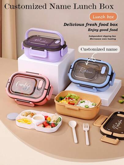 Lonchera personalizada con nombre (incluye tenedor y cuchara), apta para adultos o niños, unisex para niños y niñas, 3 compartimentos, lonchera incluye utensilios, recipientes para salsa, tapete para panqueques, apta para microondas y lavavajillas, lonchera de vuelta al colegio para evitar confusiones