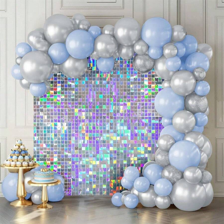 Shimmer Wall Backdrop Iridescent Silver Wall Panels 12Pcs Square Sequin Shimmer Wall Backdrop Decoration For Birthday PartyWedding Anniversary - 虹彩銀 - 查看 1