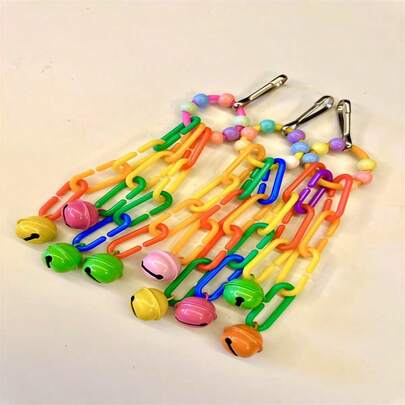 Jouet à mâcher interactif à suspendre pour oiseaux avec clochette en métal - Perles colorées (rose, bleu, vert, orange, jaune, rouge) et clochette - Pour perroquets, cockatiels, inséparables