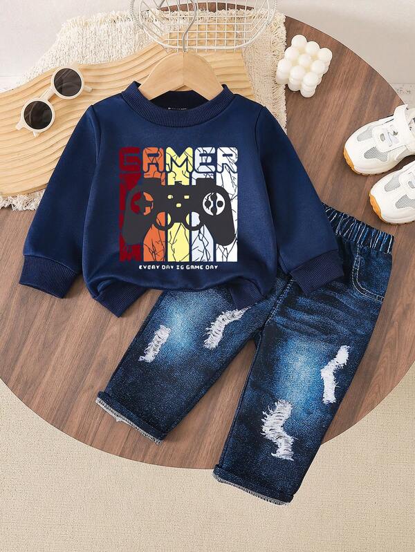 2pcs Baby Boy Fashionable Video Game Letter Print Sweatshirt And Pants Set, Comfortable For Summer