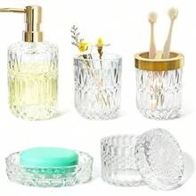 Glass Bathroom Accessories Set, 5pcs Crystal Clear Bathroom Set Accessories, Toothbrush Holder Set, Soap Dispenser, Soap Dish, Tumbler, Qtips Holder For Vintage Bathroom Decor, Gift Set - Crystal Clear - View 2