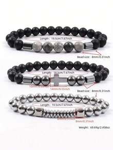 4Pcs/Set Volcanic Stone Wood Beads Multi-Layer Bracelets Unisex Combination Set Elastic Bracelet - Black - View 9